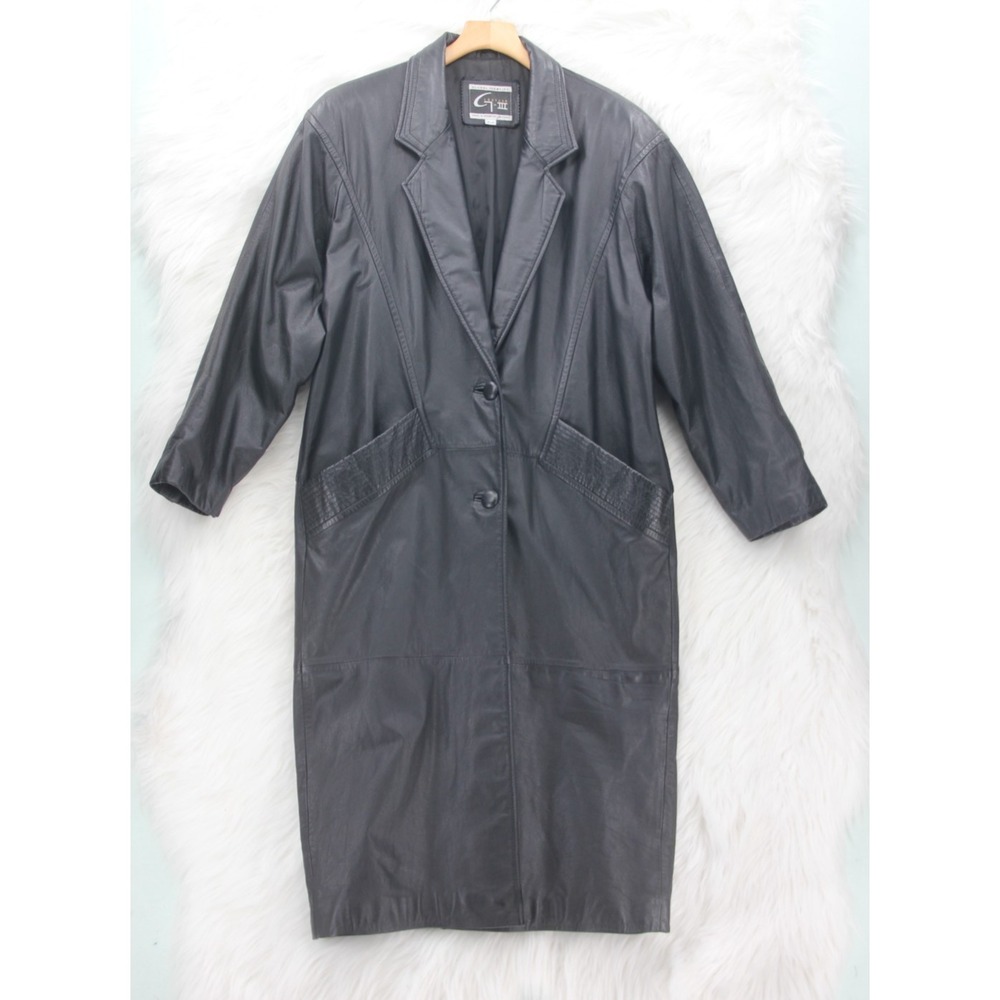 VTG 90's Y2K Global Identity G-III Leather Trench Duster Coat Black Sz M Womens